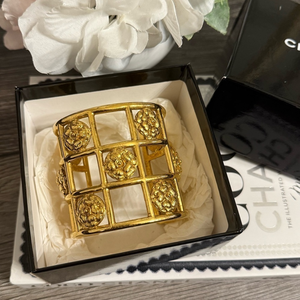 CHANEL Vintage Gold Wide Cuff Camelia Bracelet